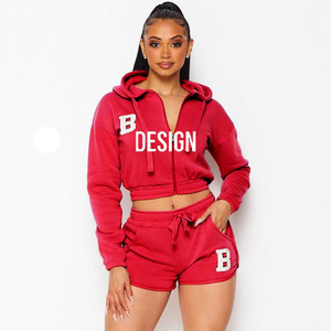 Sudadera con capucha ligera personalizable 100% con pantalones cortos para mujer Sudadera con capucha y cremallera con estampado de logotipo personalizado con pantalones cortos - Product Image 1