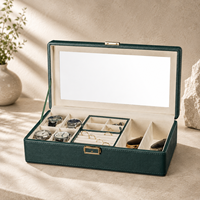 Organisateur de montres et de bijoux en cuir PU avec dessus en verre, boîte de rangement multi-compartiments pour bagues, lunettes, logo personnalisé