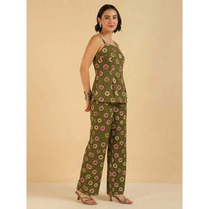 Deebaco Women's Olive Green Cotton 2 Piece Co-Ords <b>Set</b> Casual Summer Stylish Polka Dot Sleeveless Peplum Top With Wide Leg Pants - Product Image 4