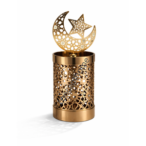 Décorations islamiques pour l'Aïd de Ramadan : Porte-bougie suspendu en métal doré fait main en forme de lune, emballage en boîte - Product Image 1
