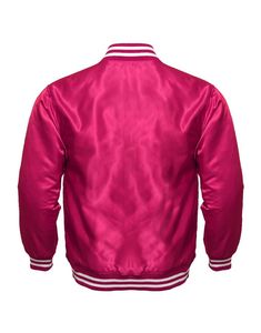 Chaqueta Varsity Rosa de Satén para Mujer, Cuello Alto, Estilo Béisbol, con Franjas Blancas y Puños Acanalados - Product Image 2