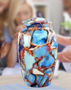 Urna de metal azul y dorado para cenizas humanas Urna única para adultos Memorial grande con bolsa de terciopelo - Product Image 6