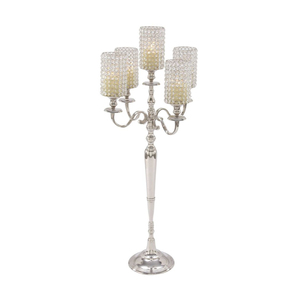 Candélabre couleur argent fournitures de décoration de mariage et de table pièce maîtresse à la main table 5 bras cristal diamant perlé - Product Image 1