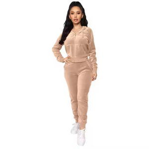 Nueva Venta caliente Full Zip up Plain Velour Womens Velour Jogger Set Rosa Suede Track Suit Mujer Gym Chándal - Product Image 1