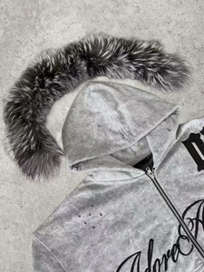 Felpa <span class=keywords><strong>con</strong></span> Cappuccio di Lusso <span class=keywords><strong>con</strong></span> Bordo in Pelliccia e Stampa Personalizzata, Felpa <span class=keywords><strong>con</strong></span> Zip in Velluto Pesante Effetto Lavaggio Acido per Brand di Alta Moda - Product Image 3