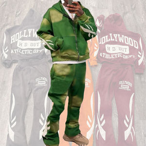 Survêtements 100% coton éponge lavés à l'acide surdimensionnés Streetwear survêtement hommes Flare empilés pantalons de survêtement et ensemble de sweat à capuche - Product Image 2