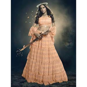 ชุดเลเฮนกาโชลีผ้าไหมอาร์ตสีส้มสวยงาม พร้อมงานปักเลื่อม สำหรับงานเลี้ยงต้อนรับ ชุดสำหรับผู้หญิง - Product Image 3