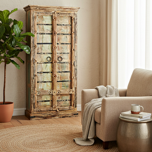 การทำสำเนาแบบโบราณดูไม้สักโบราณการออกแบบที่เป็นเอกลักษณ์ของอินเดียเก่าประตูห้องนั่งเล่นตู้ almirah - Product Image 1