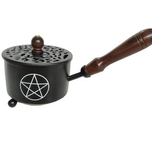 Quemador de resina de incienso de hierro con símbolo impreso recubierto de polvo artesanal y quemador de carbón con mango de madera Caldero de hierro - Product Image 1