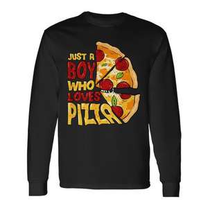 T-shirt promotionnel à manches longues Just a Boy pour les amateurs de pizza, disponible en grandes tailles avec graphiques brodés - Product Image 1