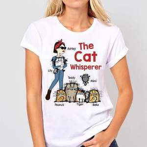 Wholesale Custom Logo <b>Funny</b> Cat Graphic <b>T</b>-<b>Shirt</b> <b>Women's</b> Personalized Name Cat Whisperer Tee Casual Summer 100% Cotton Tops - Product Image 1