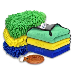 Top Deal 2024 Microfiber Cloth 800 GSM & Microfiber Wash Mitt 2400 GSM with Leather Key Chain For Car Cleaning Uses