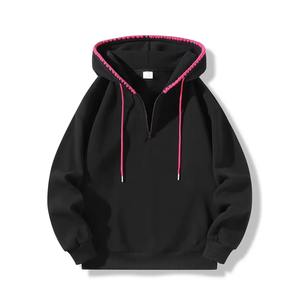 Wholesale <b>Mens</b> & Womens Half-Zip Hooded Sweatshirt <b>Black</b>/Pink Accents Contrast Lining Adjustable Drawstring Hood Kangaroo Pocket - Product Image 1