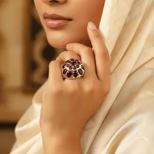 Women's Trendy <b>Silver</b> Garnet <b>Statement</b> <b>Ring</b> Rose Gold and 18K Plated Inlaid with Natural Gemstones Gold and Rhodium Jewelry - Product Image 1