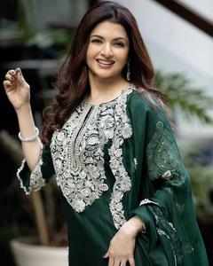 Présentation de la nouvelle collection de créateurs pour les femmes Chinon Silk Heavy Thread Broderie Work And Cut Work Top And Palazzo With Dupatta - Product Image 1