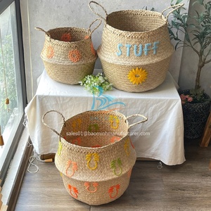 2025 Hottest Style Cute Colorful Hand Embroidery Natural Color Seagrass <b>Belly</b> <b>Basket</b> Seagrass Foldable Woven Storage <b>Basket</b> - Product Image 1