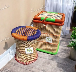Pouf de tabouret de Mudda de canne en bambou de rotin nouvellement conçu avec la Console de incrustation d'os de panier de canne en bambou de stockage - Product Image 4