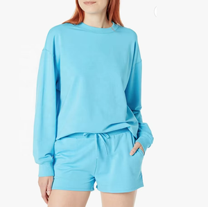 Women Velvet Knitting Sweatshirt and Shorts Set Soft Luxurious Two Piece Above Knee Solid Casual for Wear - Product Image 1