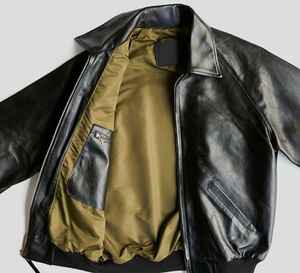 Blouson aviateur en cuir d'agneau noir pour homme, manches régulières, col montant, style vintage, manteau d'hiver écologique - Product Image 2