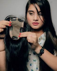 3x5 Premium Quality Remy <b>Hair</b> <b>Extension</b> 100% Tangle-Free Natural Brown and <b>Black</b> Indian Silk Base Topper 100 Gram Weight - Product Image 2