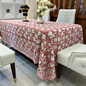 Red, <b>White</b> Floral Indian Hand Block Printed Rectangle <b>Tablecloth</b>, Cotton Table Cover, Housewarming Gift <b>Tablecloth</b>, Boho Wedding - Product Image 1
