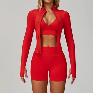 Ensemble de yoga pour femmes en 2 pièces, ensemble de sport respirant à séchage rapide, veste de sport à manches longues en spandex/nylon sans couture à carreaux - Product Image 6