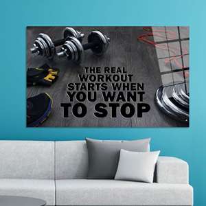 Toile d'inspiration pour la salle de sport : Citation 'Real Workout' avec impression de poids, ART SUR VERRE TÉRMÉTRAL - Product Image 1