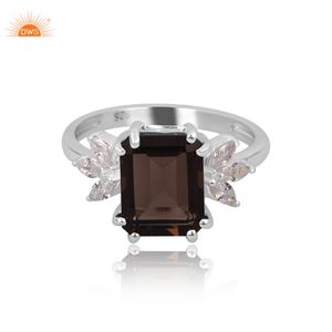Best Selling Sterling <b>Silver</b> 18K Gold <b>Plated</b> Natural Smoky And CZ Gemstone Ring Demi Fine Jewelry Manufacturer - Product Image 3