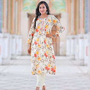 Ensemble Kurta Pantalon Droit en Coton à Imprimé Floral pour Femmes Longueur Mollet Col Mandarin Manches Trois Quarts Tenue Multicolore - Product Image 1