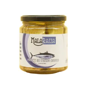 300g RED TUNA FILLETS THUNNUS THYNNUS IN OLIVE OIL SAVED IN GLASS JAR FISHED IN FAO ZONE 37.2.2 ONLY TUNA OLIVE OIL SALT