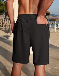 Pantalones cortos de lino y algodón 100% para hombre, con cintura elástica, bolsillos con cordón, pantalones cortos informales de playa de verano, estilo de vacaciones antiarrugas - Product Image 4