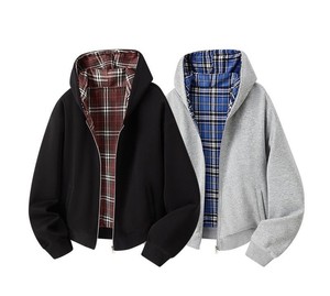 Zipper Plaid <b>Jacket</b> <b>Men</b> Boxy Heavyweight Drop Shoulder Striped Double Layer Reversible <b>Flannel</b> Hoodie - Product Image 6