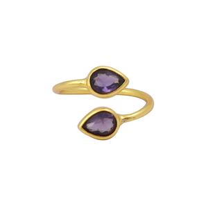 Bague en pierre précieuse améthyste en forme de poire plaqué or 5x7mm bague Design à la main véritable bague entièrement réglable bijoux pour filles - Product Image 1