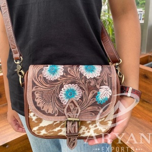 Hot Sale Hair on & Hand Tooled <b>Leather</b> Crossbody <b>Bag</b> Luxury Turquoise Floral Purse Carved Genuine <b>Leather</b> Women Western Handbags - Product Image 1