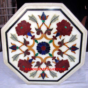 Beautiful <b>Decorative</b> Counter <b>Top</b> For Best Quality White Marble Flower Inlay Design Handmade Standard Quality Dining Use <b>Table</b> - Product Image 1