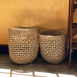 Woven Ottoman Natural Seagrass <b>Storage</b> <b>Baskets</b> Black Striped Straw Laundry <b>Basket</b> Rattan bin <b>Wicker</b> Organizer <b>Basket</b> Planter - Product Image 5
