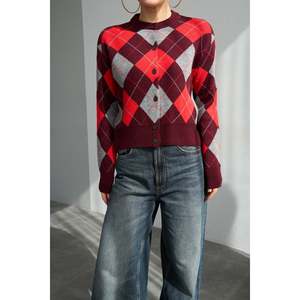 Burgundy-<b>Red</b> Argyle Pattern <b>Cardigan</b> - Product Image 1