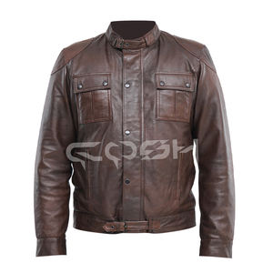 Vintage-Style Dark Brown Genuine Leather Bomber <b>Jacket</b> with Snap-Button Front Closure and Band Collar - Product Image 1
