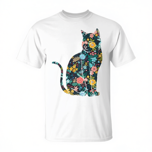Camiseta Gráfica con Silueta de Gato Floral para Niñas, Cuello Redondo Mediano, Manga Corta, Impresión Digital, Actividades Promocionales - Product Image 2