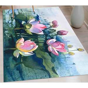 Tapis Fleur de Lotus : Tapis imprimé avec motif botanique aquarelle, tapis à poils doux - Product Image 1