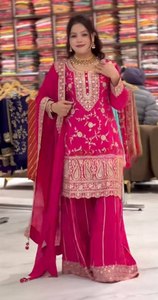 Magnifique costume palazzo en georgette rose vif avec travail de zari, tenue traditionnelle pakistanaise et indienne pour les invités de mariage, séchage rapide - Product Image 3