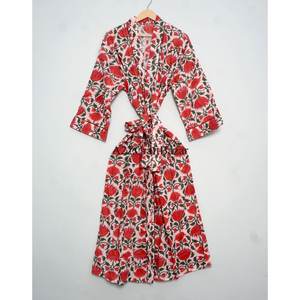 Women's 100% Cotton Free Size Floral Indian Dressing Gown Robe Hand Block red floral Kimono Bathrobe Adjustable <b>Belt</b> for Autumn - Product Image 2