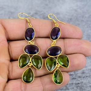 Purple Amethyst <b>Peridot</b> Gemstone Bezel Set Unique Design Dangle Drop <b>Earring</b> 925 Sterling Silver Gold Plated Trendy Oval Pear - Product Image 2