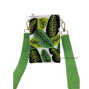 Nouveaux sacs à bandoulière bohèmes élégants entièrement perlés en forme de feuille, sacs à main perlés faits à la main, sacs pour téléphone portable avec fermeture éclair, en crêpe pur, multi-usages, capacité moyenne - Product Image 1