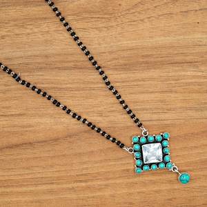Collar turquesa de Plata de Ley 925 con cuentas negras, collar de regalo con cuentas finas de estilo Mangalsutra indio tradicional - Product Image 3