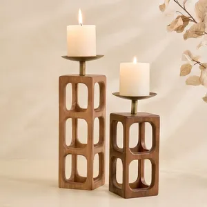 Porte-bougie en bois de manguier fait main, forme carrée, design minimaliste, motif gravé, couleur unie, pour décoration de mariage - Product Image 4