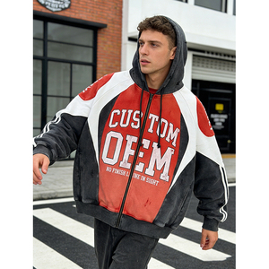 Splicing Boxy Oversized Digital Printing OEM Custom Print Zipper-up Heavyweight 400 GSM Streetwear Men's Hoodie - Product Image 3
