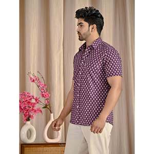 Chemise à manches courtes en coton 100% imprimé floral violet, tissu popeline respirant, robe décontractée, offre ODM - Product Image 4
