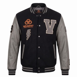 Varsity <b>Bomber</b> Jacket Black Grey Chenille Lightning Bolt Patch Genuine <b>Leather</b> Sleeve Varsity <b>Bomber</b> OEM - Product Image 1