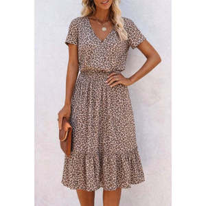 Vestido Midi Suprem con Cuello en V y Cintura Elástica, Kadin Kisa Kollu, 38420 - Leopardo - Product Image 2